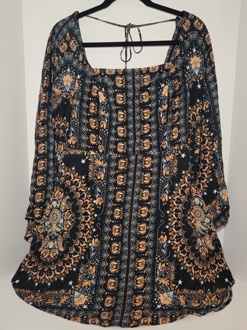 FARM Rio Black Mini Dress with Gold & Teal Medallion Print